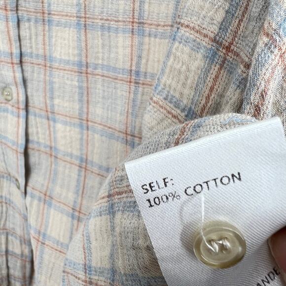 Style Rack Button up Tunic Women's L Gauzy Cotton Tan Blue Plaid Roll Tab Boho - Picture 8 of 9